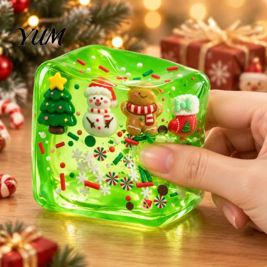 Clear Cube Squeeze Toy Christmas Stress Sensory Toy, Anxiety Relief Ice with Soft Toys Snowman Tree Snowflake, Xmas Stocking Stuffers