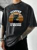 Cat Like Drink Coffee Printed Men Washed TShirt Cotton Summer T Shirts Vacation Oversized Streetwear Soft Casual Clothes