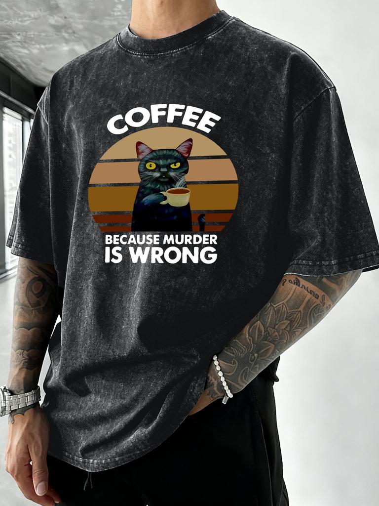 Cat Like Drink Coffee Printed Men Washed TShirt Cotton Summer T Shirts Vacation Oversized Streetwear Soft Casual Clothes