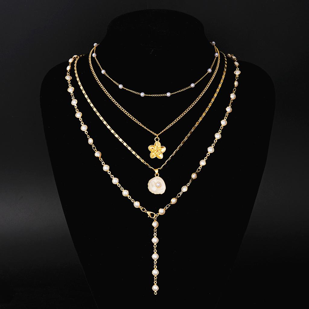 4pcs Vintage Bohemian Metal Shell Pearl Flower Pendant Tassel Necklace Set for Women Daily Wear Beach Vacation Jewelry Gifts New