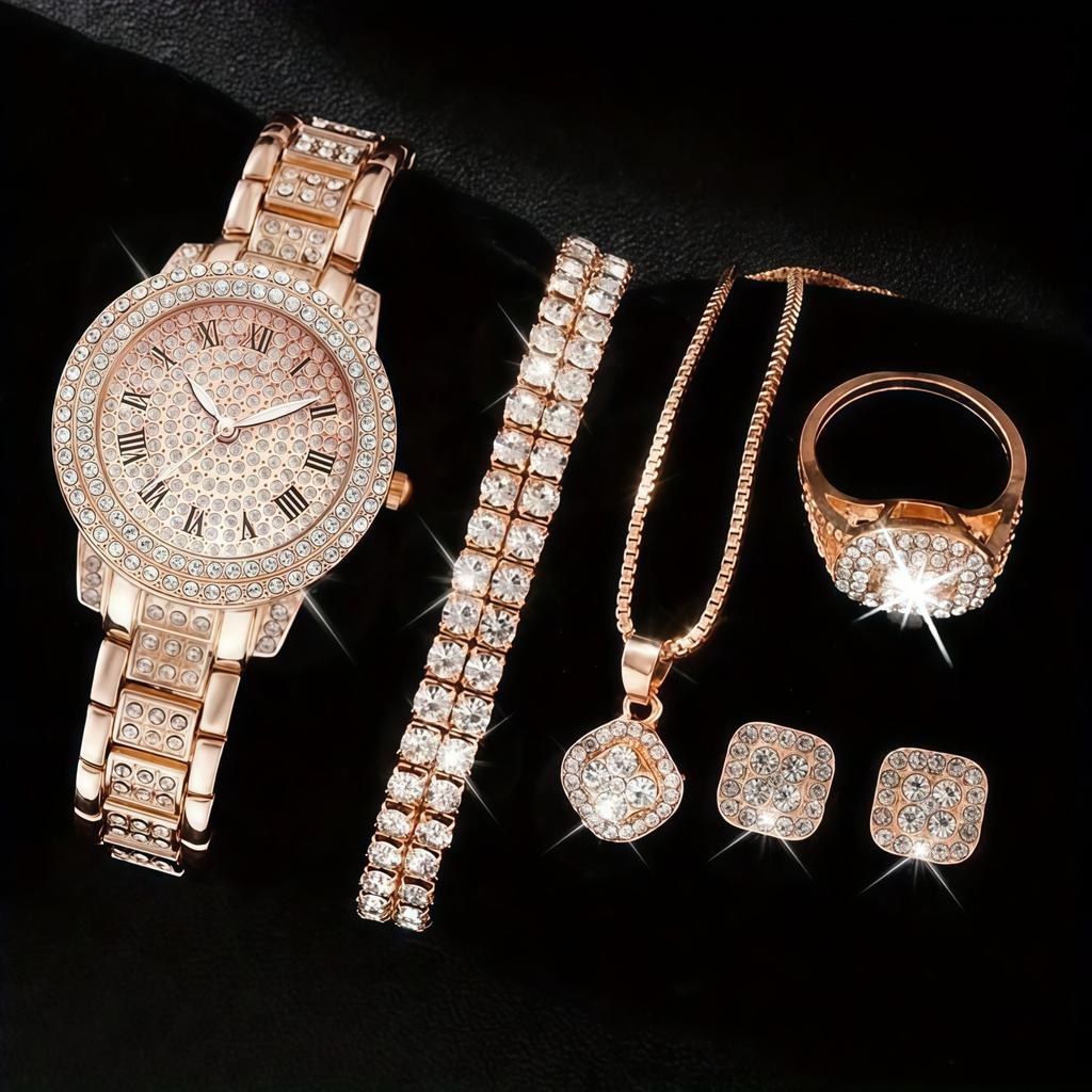 Ladies Cornucopia Diamond Watch Set, Popular 5pcs Bracelet Accessories Fashion Quartz European Beautiful Women Watch Set