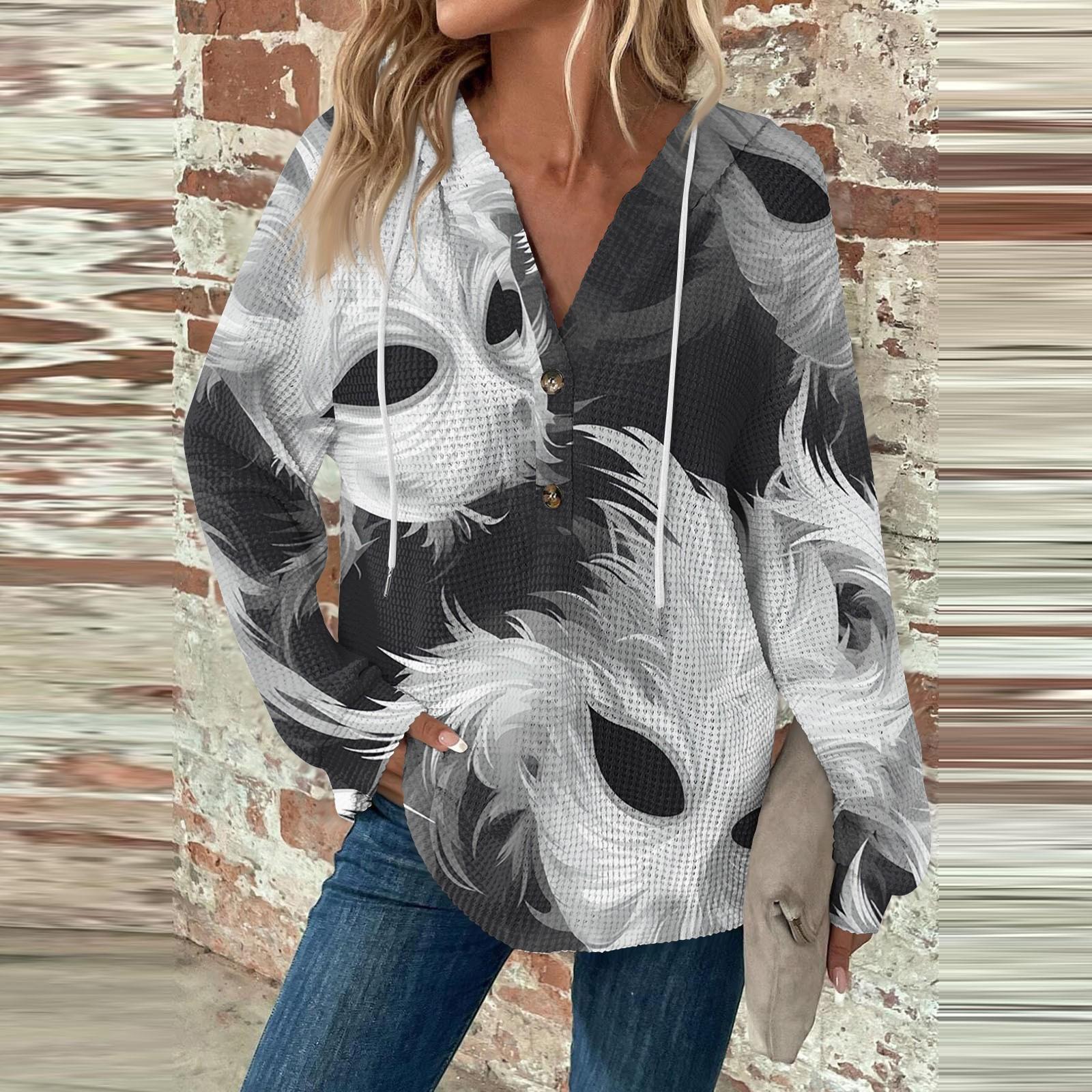 

Женский повседневный топ с длинным рукавом, пуговицами, V-образным вырезом, принтом ко Дню святого Валентина, затягивающимся шнурком и капюшоном XL белый