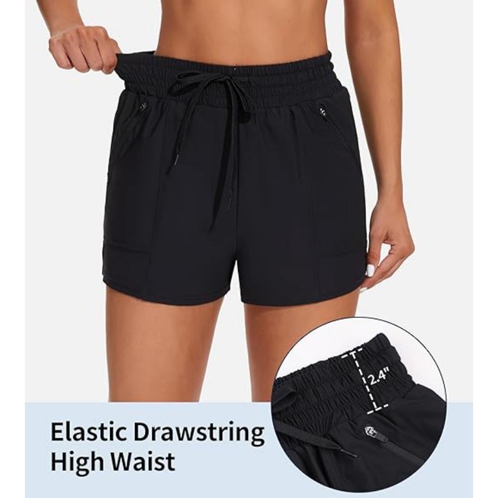 CHARMLEAKS Women's High Waisted Swim Shorts Drawstring Board Shorts with Zipper Pockets Liner