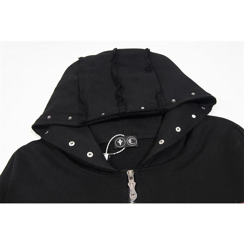 EastRogue Heavyweight Star Moon Dragon Bone Satan Devil Print Zipper Hooded Open-Front Sweatshirt Men's Jacket