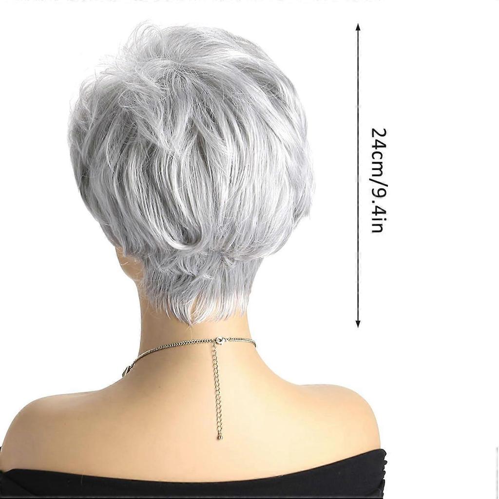 Short Grey Wigs for Older Women Layered Curly Grey Wig with Side Part Bangs