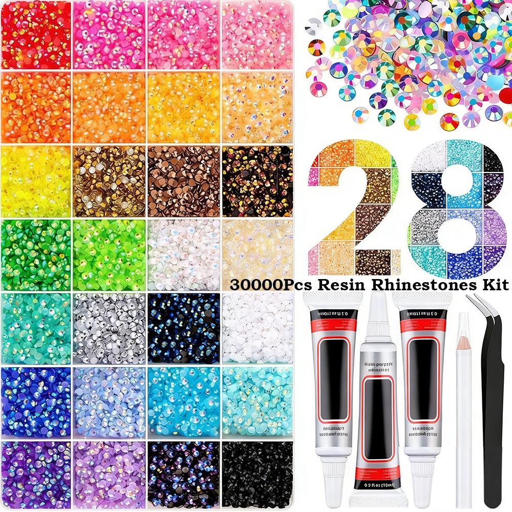 Nail Kit 32000Pcs Resin Rhinestones Bedazzling Kit with Tweezers for Multicolor 3mm Crystal with 3Pcs 10ml Glue Art Crafting