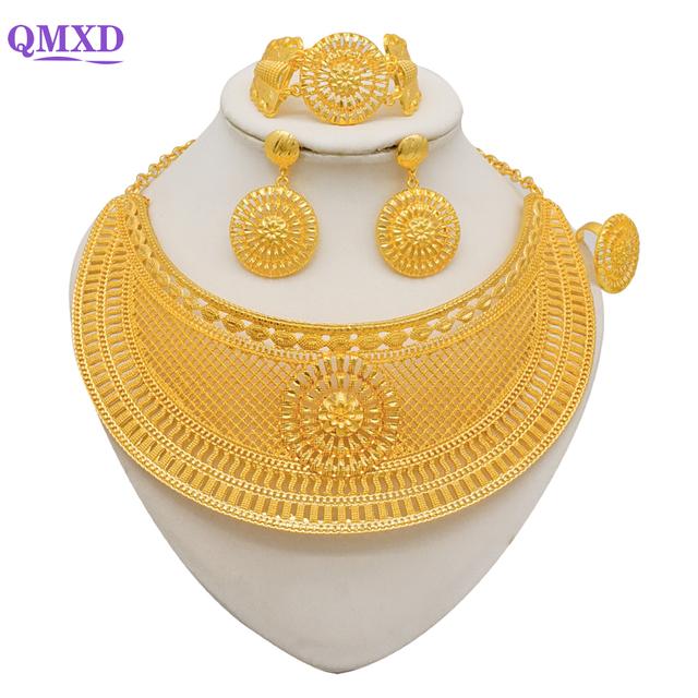 Seturi de bijuterii de culoare aurie Dubai pentru femei Cercei și colier indieni Nigeria Cadouri de nuntă de mireasă marocane