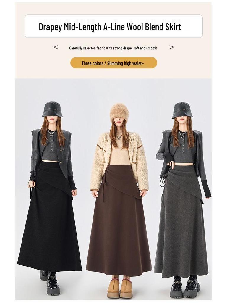 2025 New Design Women's Irregular Gray Woolen A-Line Tie-Up Long Skirt for Autumn/Winter