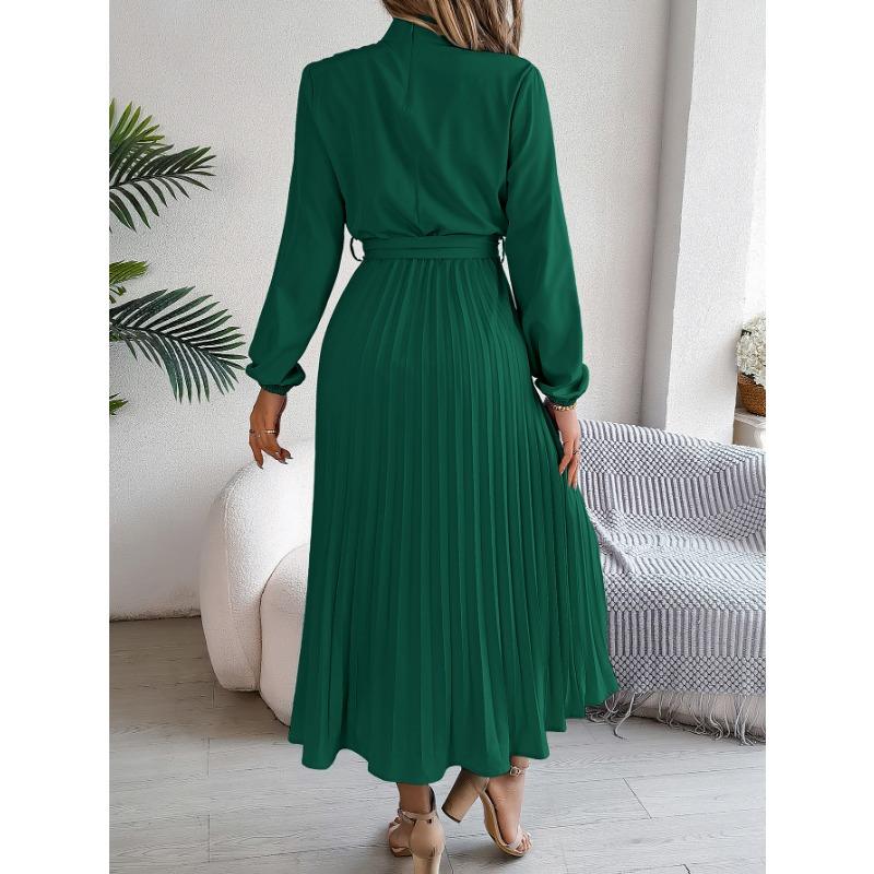 Spring and Autumn Elegant Stand Collar Long-sleeved Waist-fitting Pleated Women's Dresses