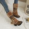Winter Womens Thick Plush Snow Boots Fad Warm Mid Calf Women Platform Boots Retro Ethnic Stylish Fuzzy Ball Decor Chunky Booties