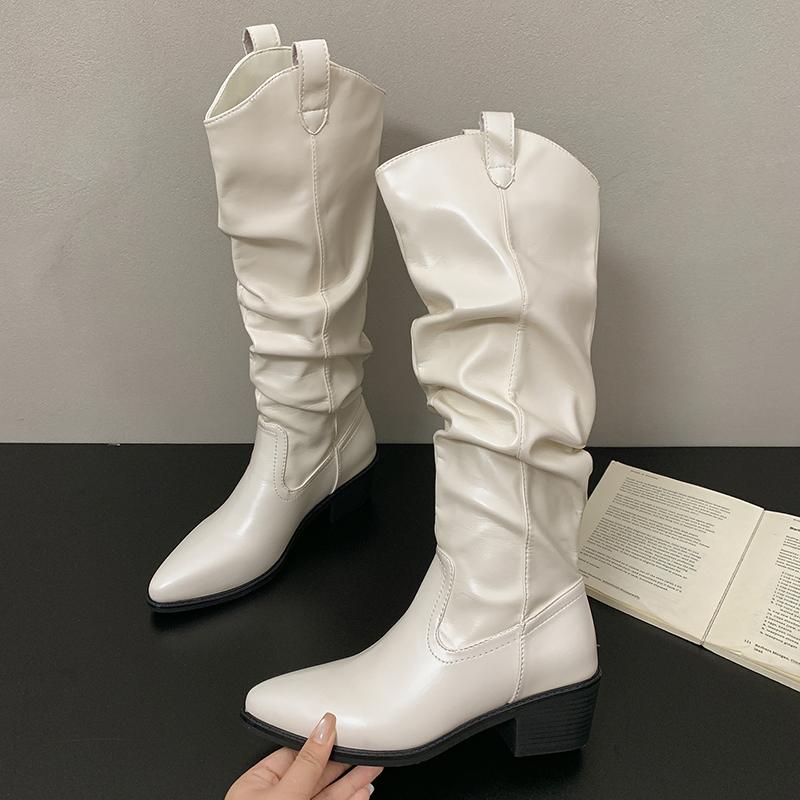 Winter Cosy Soft Leather Pleated Women Western Cowboy Boots Fashion Thick Heels Party Shoes British Style Long Booties Shoes