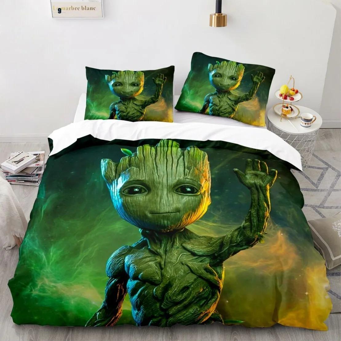 Comforter Groots Cartoon Groot Bedding Set 3D Print Rocket Raccoon Children Gift Comforter (quilt)-EU Single(135*200cm)3pcs