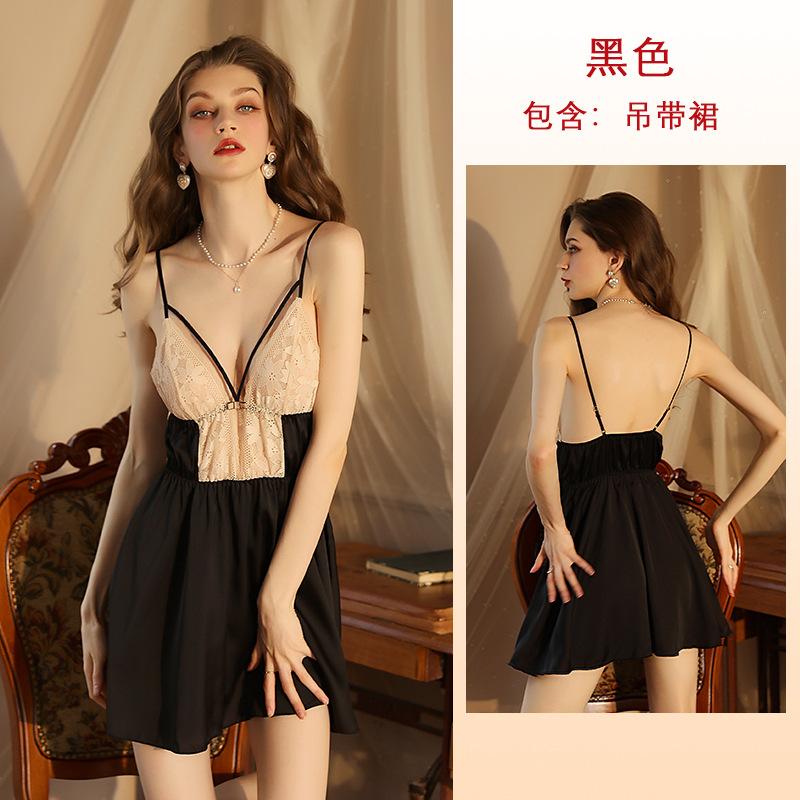 Pure Desire Sexy Lace Patchwork Cami Deep V Sweet Satin Skin-Friendly Nightgown Loungewear 417 Romantic Comfortable Sleepwear with Feminine Lace