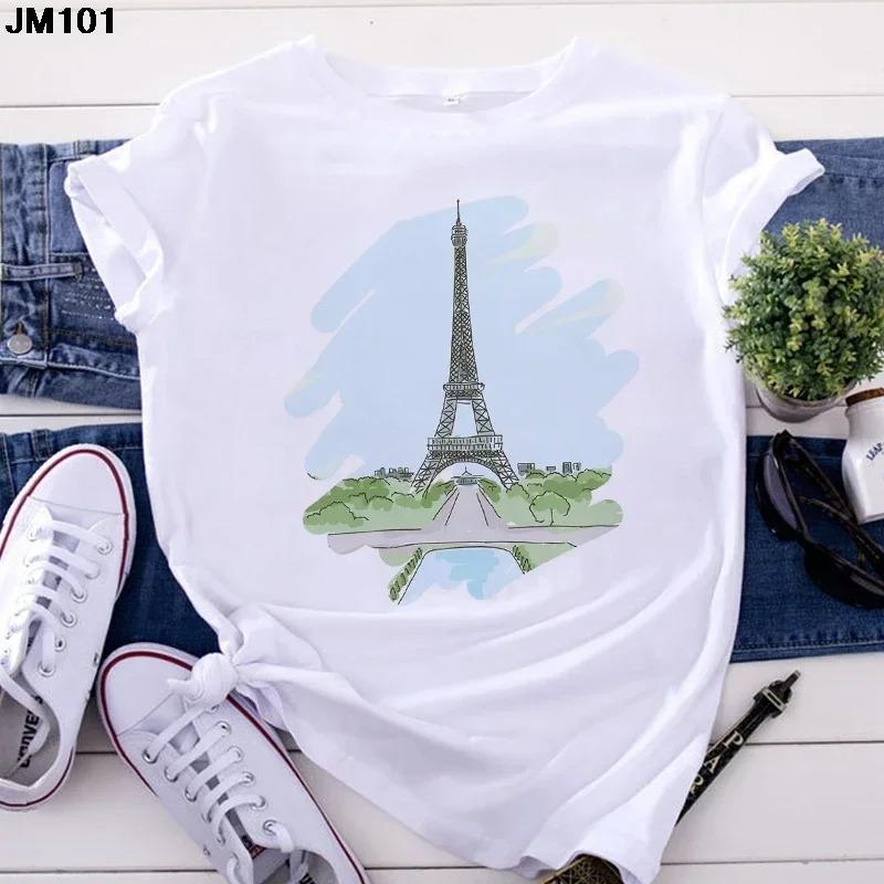 Fashion Women's Tops Tshirt Harajuku Paris Eiffel Tower Printing T Shirt Casual Streetwear Short Sleeve Female T-shirts Clothing