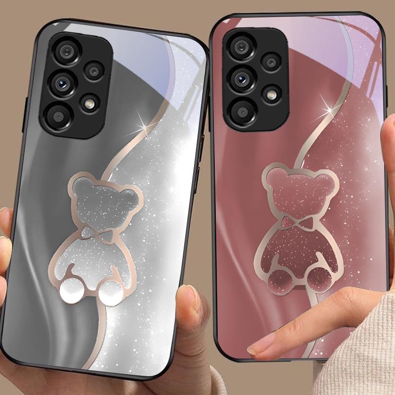 Trompe L'oeil Bear For Samsung Galaxy S10 20 Plus 21 FE 22 23 24 FE 25 Ultra Black Tempered Glass Phone Case Hard Shell