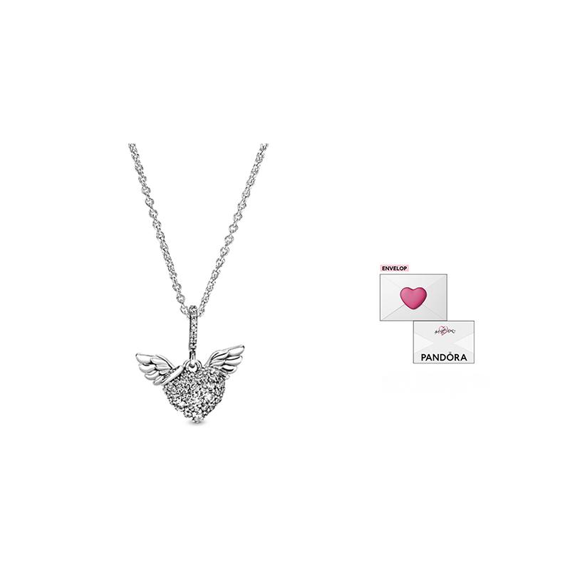 Pandora Pave Angel Wings Heart 925 Silver Necklace Women s 398505C01