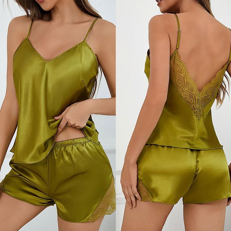Women'S Sexy Satin Lace Camisole and Panty Set - Solid Color V-Neck Sleepwear with Contrast Lace Detail, All-Season Comfort