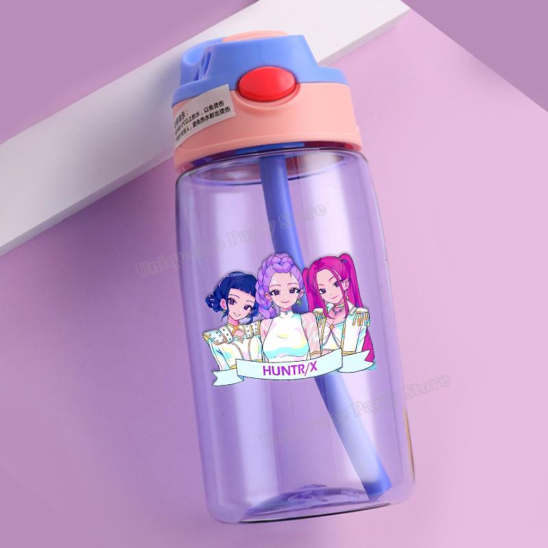 KPop Demon Hunters Kids Water Bottle Outdoors Sport Zoey Mira Rumi Girl Straw Cup Portable Plastics Drink Bottle Birthday Gift