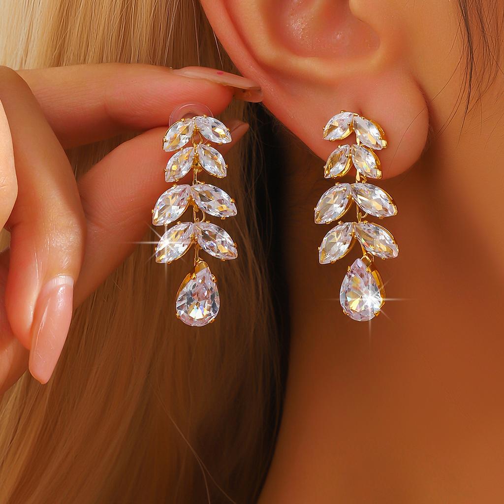 2PC Women's Fashion Bronze Zircon Exquisite Leaf Water Drop Tassel Earrings Zircon Suitable for Date, Party, Festival Gifts