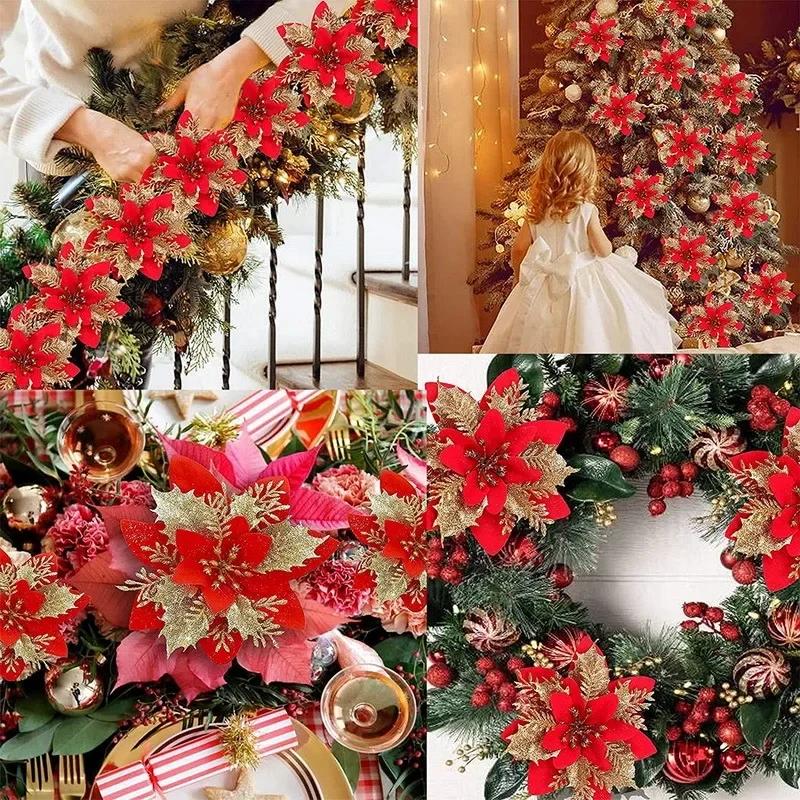 10PCS/Bag Christmas Flowers Glitter Artificial Poinsettia Floral Xmas Tree Ornaments DIY Garlands Home Wedding Party Decor