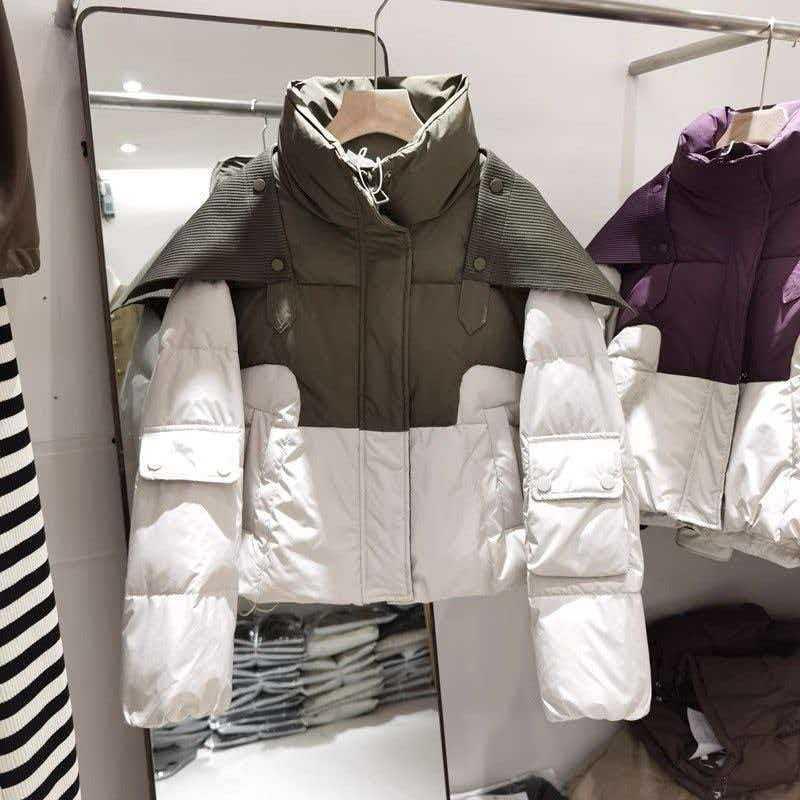 Womens Short Puffer Jacket 2026 Winter Loose Fit Cotton-Padded Coat With Contrast Color Design
