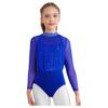 Girls Dance Leotard Long Sleeve Keyhole Back Design Sequins Rhinestones Sheer Mesh Figure Skating Outfit