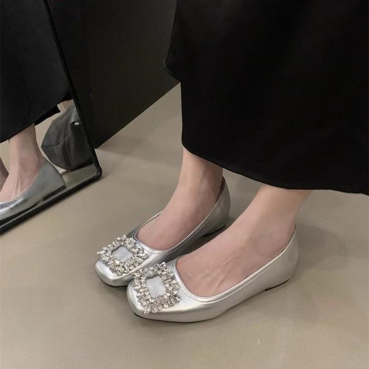 Sheepskin Version! Flat-bottomed Rhinestone Shallow Mouth Single Shoes Women's High-end Commuting Satin Gentle Evening Shoes