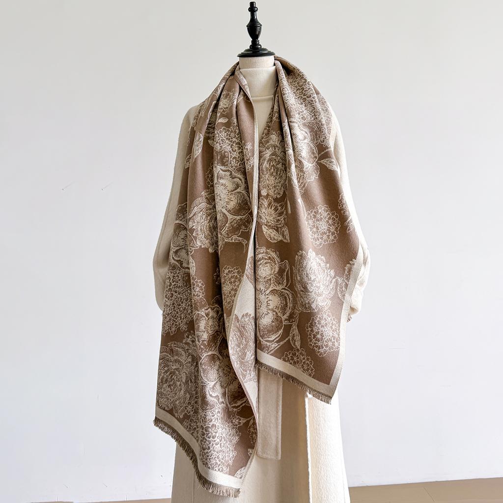 Elegant Floral Jacquard Pashmina Shawl for Women Winter Thick Warm Double Sided Tassel Design Coldproof Windproof Blanket Scarf