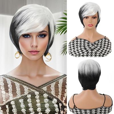 Parrucca da donna alla moda, blocco di colore bianco e nero, parrucca corta, capelli sintetici, resistente alle alte temperature, adatta per l'uso quotidiano