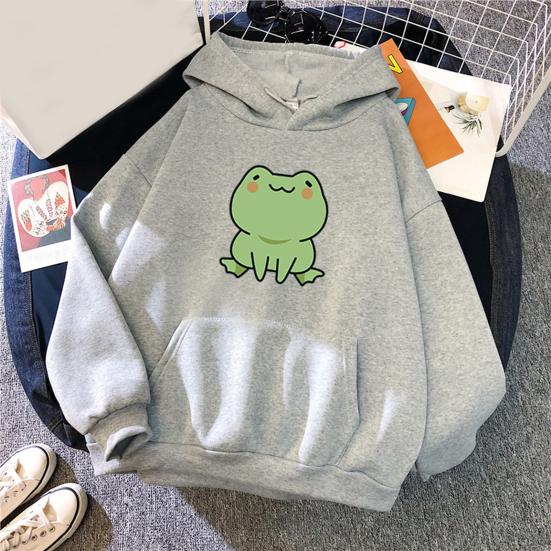 Unisex Hoodie Solid Color Frog Pattern Autumn Winter Korean Style Warm Sweatshirt for Daily Wear