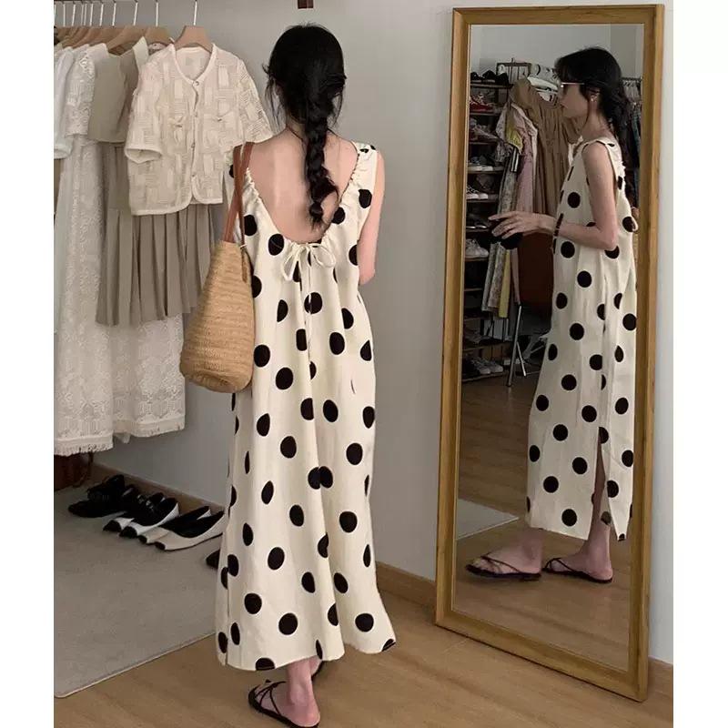 Korean Chic Summer Retro Polka Dot Sleeveless Tank Dress for Women