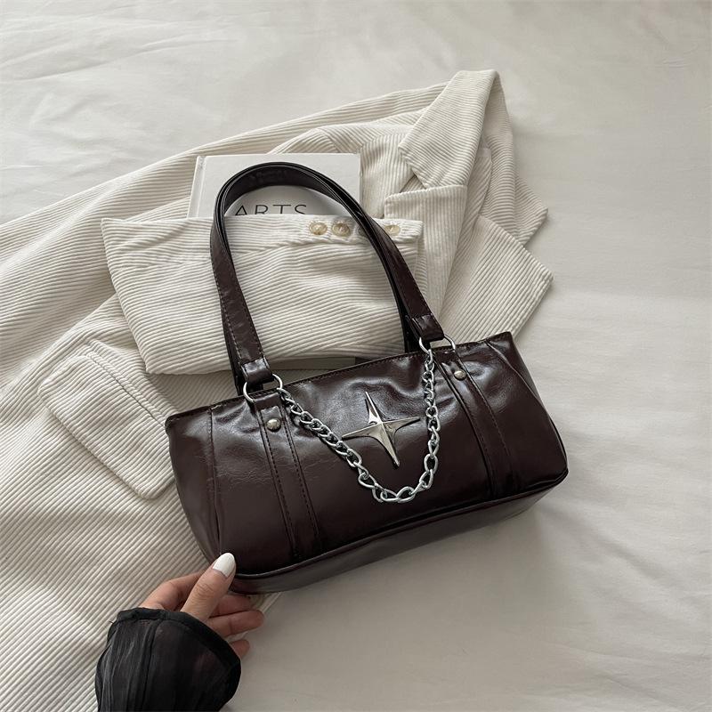 Large Capacity Simple Solid Color Chain Decor Cross Style Single Shoulder Baguette Underarm Handbag