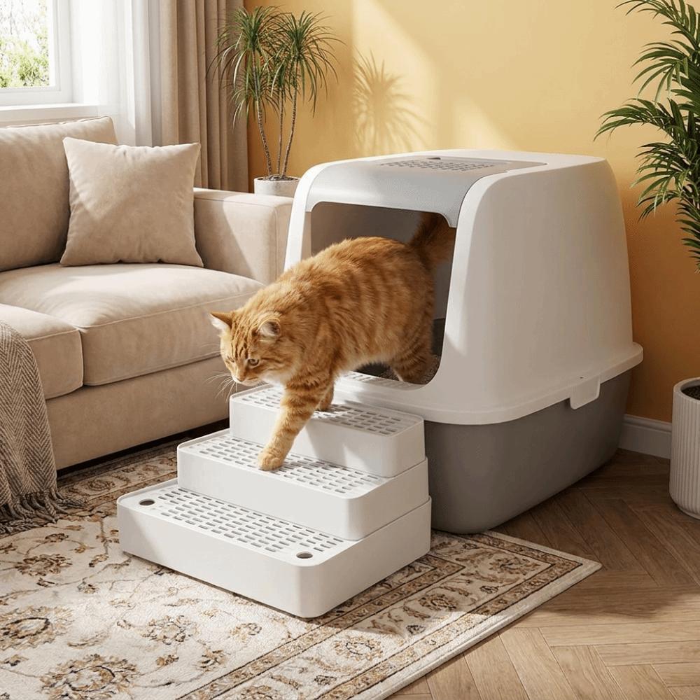 Plastic 3 Steps Cat Litter Box Ramp Detachable Adjustable Automatic Cat Toilet Feet Filter Leak-proof Non Slip