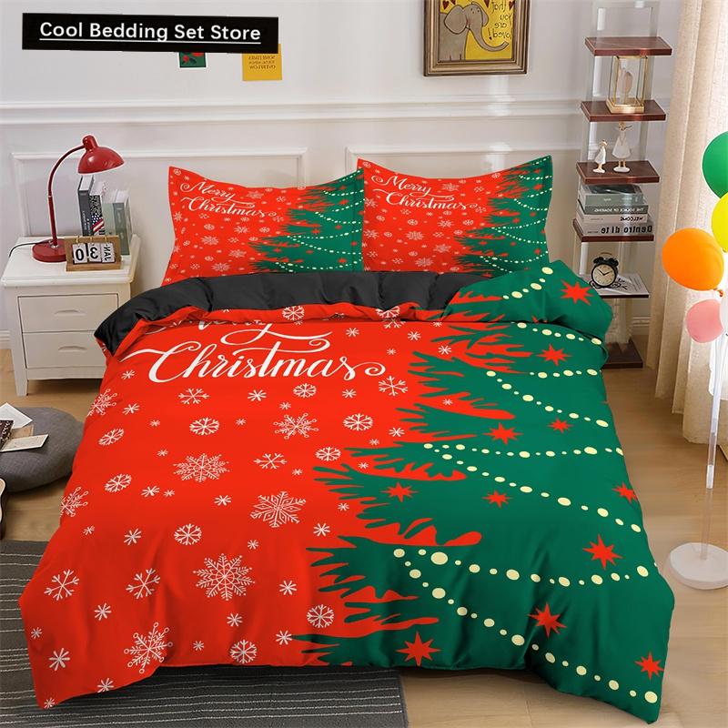 Frohe Weihnachten King Queen Bettwäsche Set Weihnachtsmann Schneemann Bettdeckenbezug Weihnachtsbaum Bettbezug Rot Polyester Steppdeckenbezug