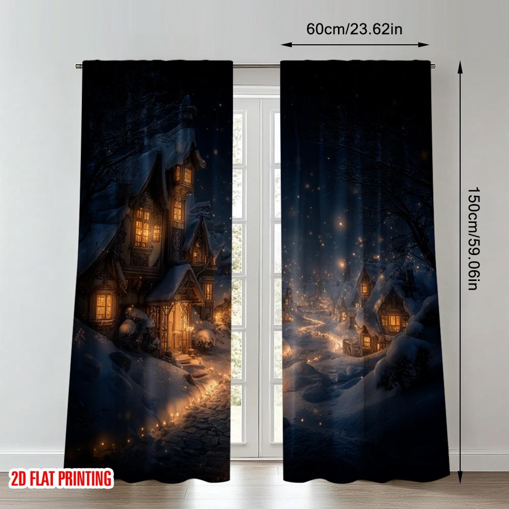 Set Of 2 Flat Printing Merry Christmas Curtains Cozy Winter Village Evening Scene Digital Printed Polyester Drapes Family Party Curtain Made