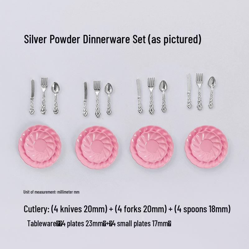 Miniature Dollhouse DIY Model Cake Set: Alloy Plate, Knife, Fork & Spoon Props