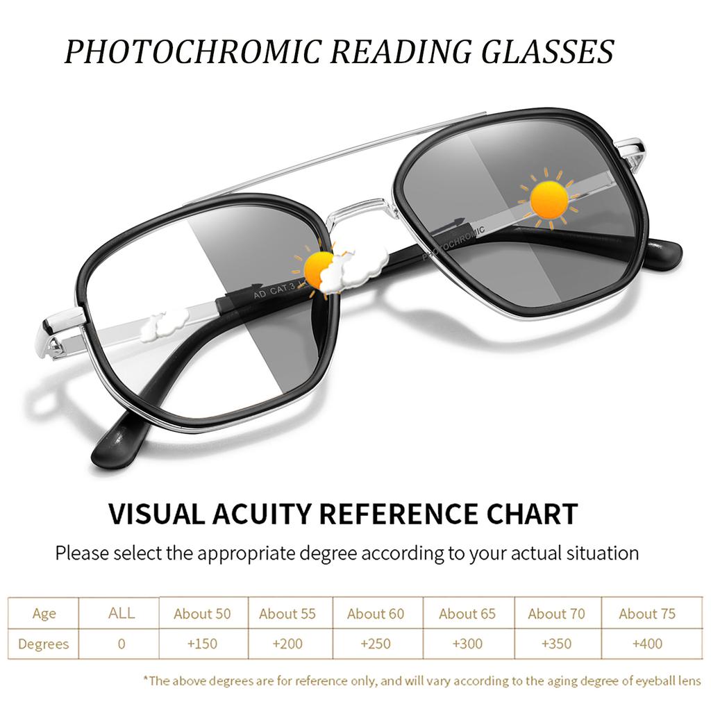 Fashion Reading Glasses Photochromic Classic Square Metal Frame Presbyopic Glasses Anti Blue Light Blocking +150 +200 +250