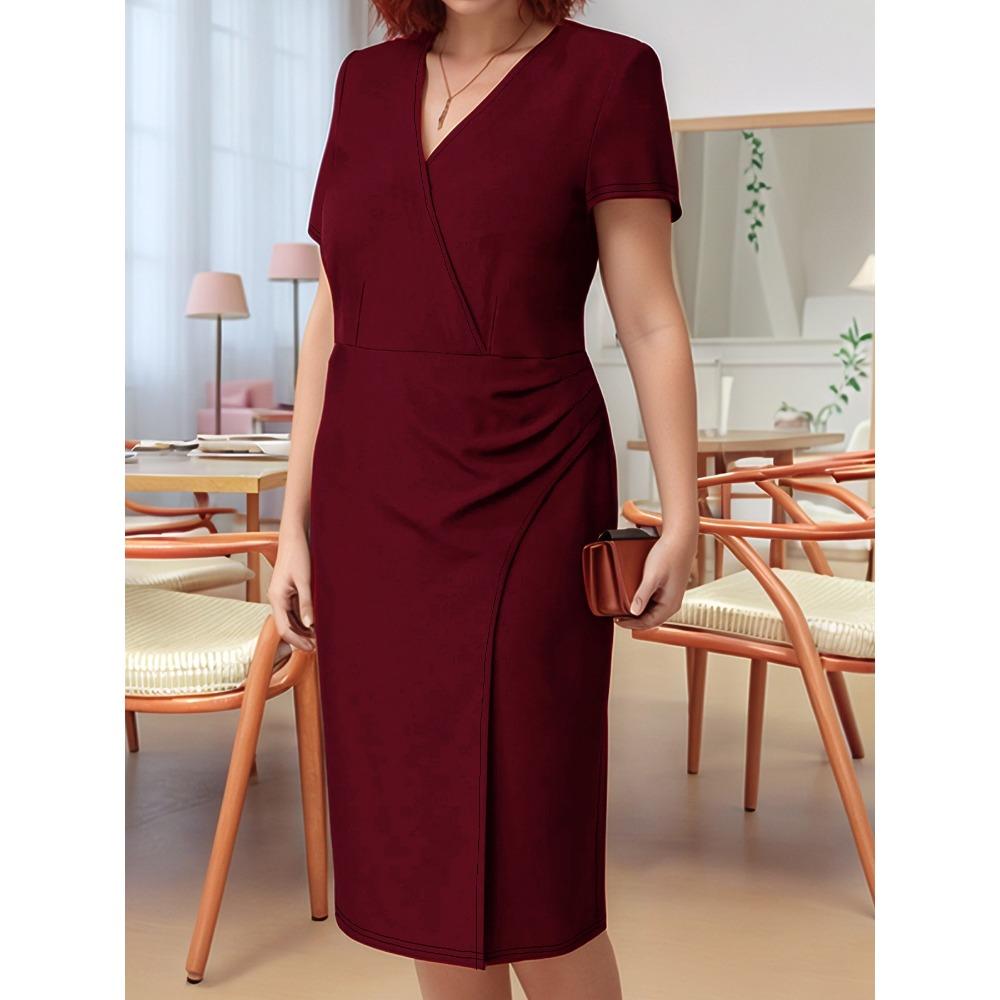 QICED Fashion Summer Spring Solid Color Print Short Sleeve V-Neck Casual Dresses