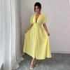 Spring Summer Elegant Midi Dress Deep V Neck Puff Short Sleeve Smocked High Waist Button Front A-Line Flowy Casual Daily Party Date Sundress