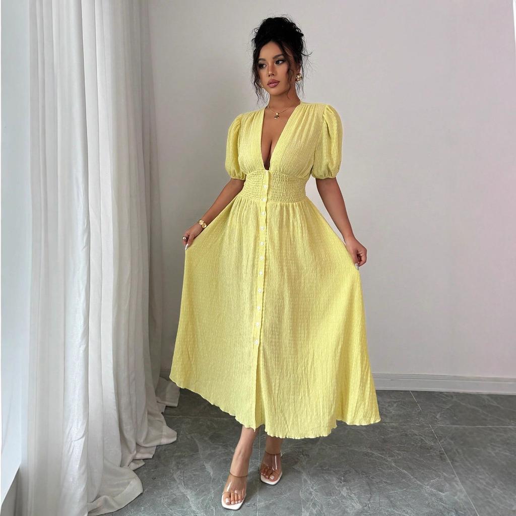 Spring Summer Elegant Midi Dress Deep V Neck Puff Short Sleeve Smocked High Waist Button Front A-Line Flowy Casual Daily Party Date Sundress