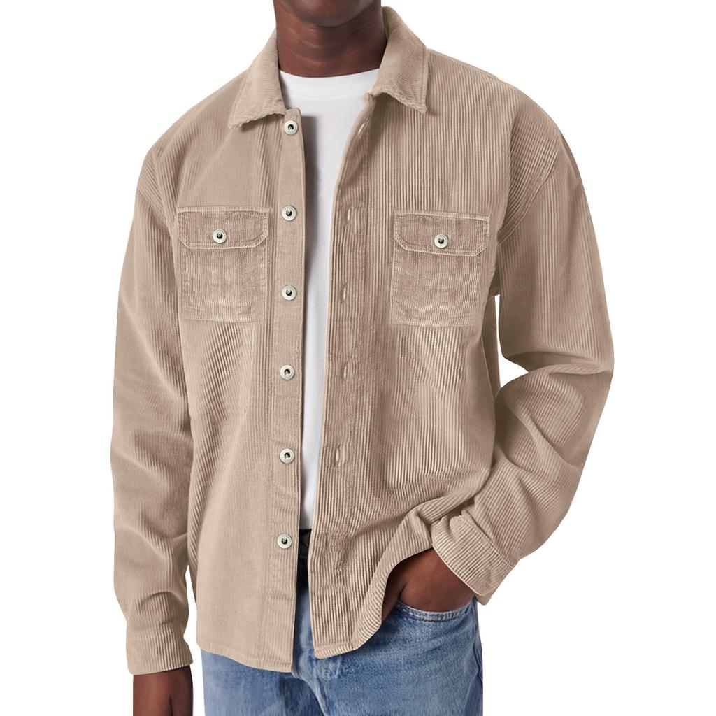 Herren Gestreiftes Kordhemd Lässig Locker Knopf Revers Tasche Langarm