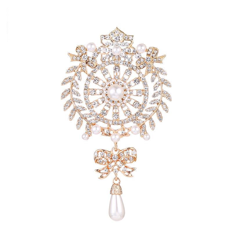 Gold Colour Rhinestone Crystal Flower Brooches For Women Fashion Drop Pearl Brooch Pins Wedding Bridal Party Charm Jewelry Gifts