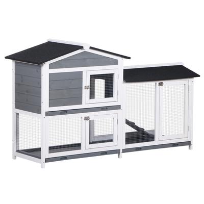 Wooden 2-Tier Rabbit Hutch W/ Tray Ramp Grey