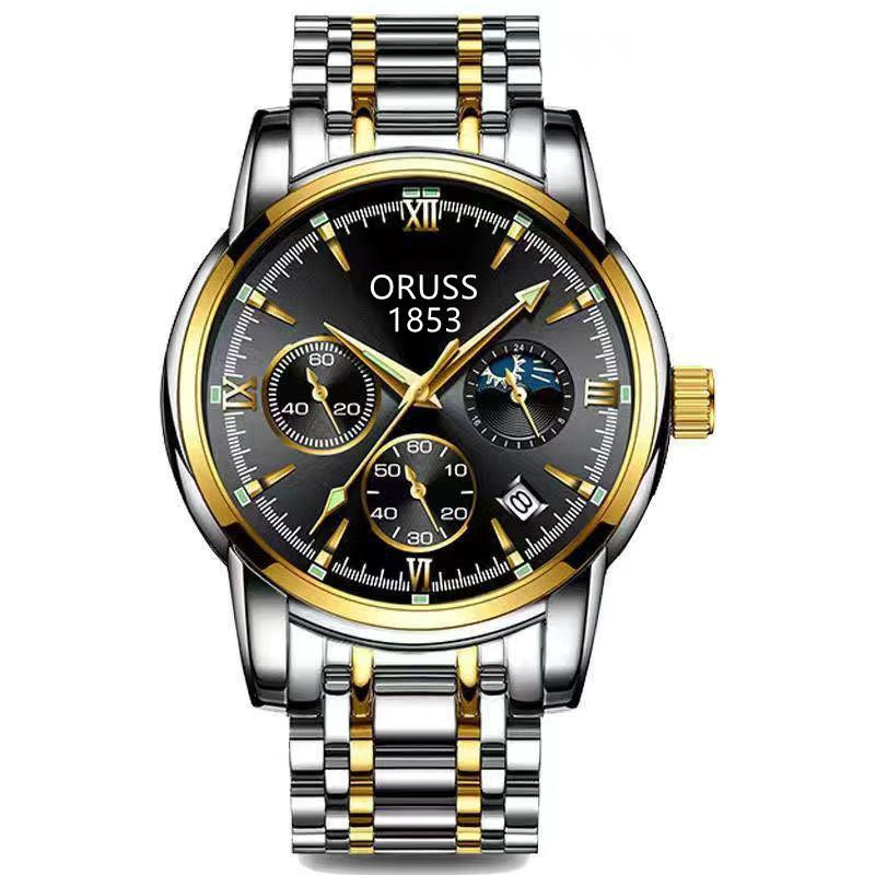 

ORUSS SP673 Новые роскошные мужские часы высшего бренда с коробкой, водостойкий календарь со светящимся стальным ремнем, мужские кварцевые часы