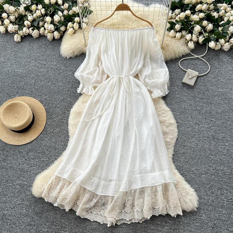Dolce Abito da Donna Aderente A-line Scollo Bardot Maniche a Lanterna Vita con Fascia Raccoglitore Pizzo Giuntato Abito Lungo
