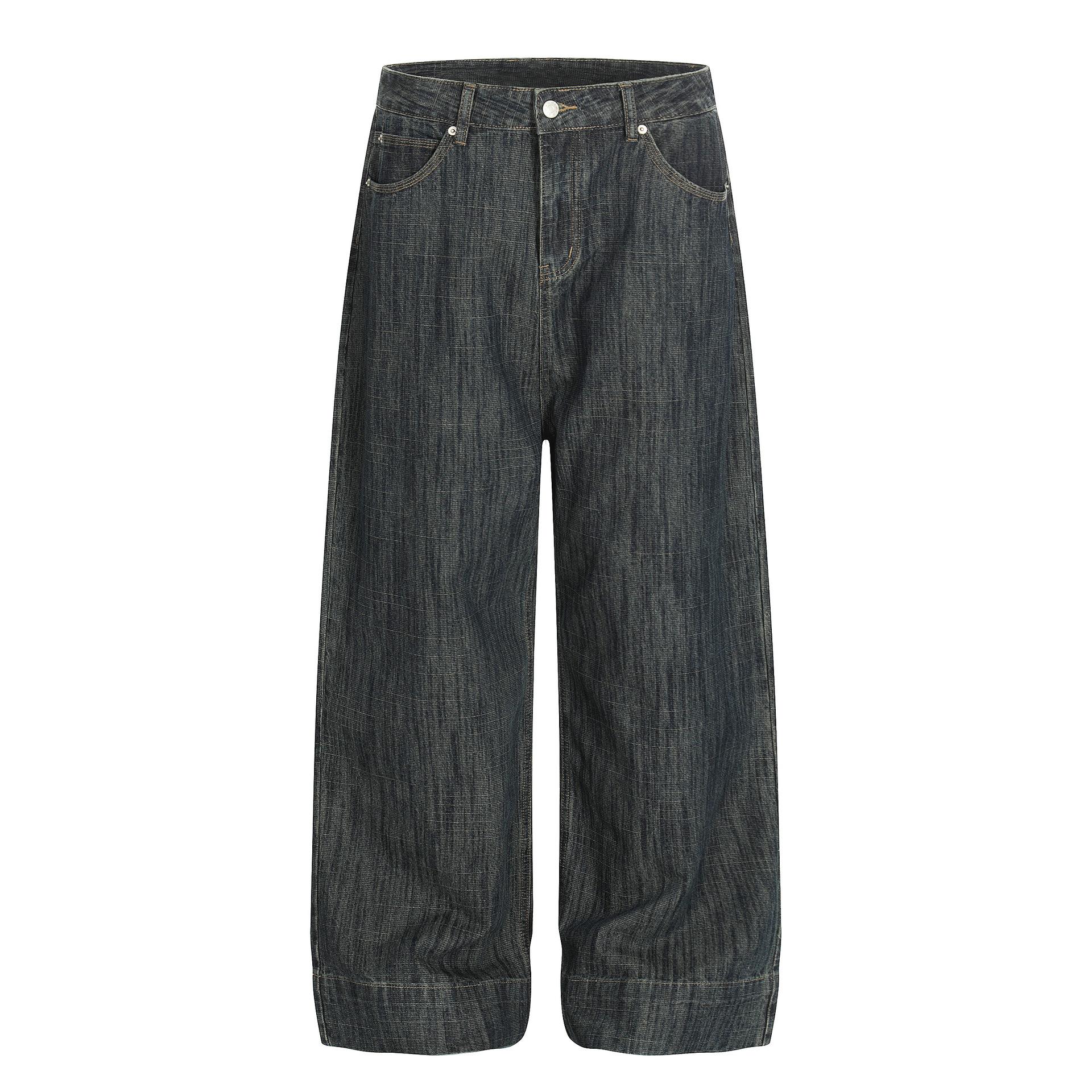 Trendy brand autumn American retro bamboo pattern texture jeans loose wide-leg trousers S синий