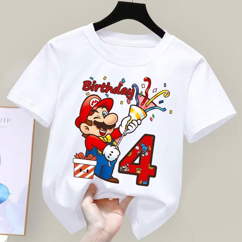 Super Marioes Bros Nummern 1-10 Bedruckte T-Shirts Anime Cartoon Süßes Kurzarm-Oberteil Jungen Mädchen Sommer Baumwolle Rundhals T-Shirt