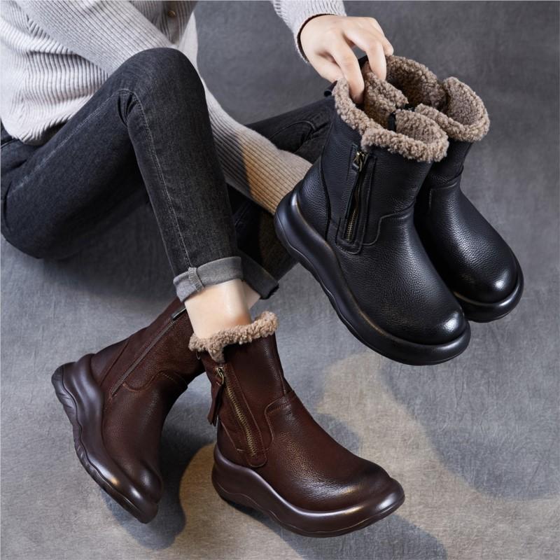 Johnature Thick Soled Genuine Leather Women's Boots Plush Warm Cotton Shoes Versatile Mid-calf Boots