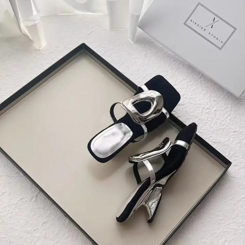

Fashion Summer 2025 Fashion Metal Buckle Sandals Women s High Heel Slip-On Open Toe Platform Sandals Rubber Sole Polyurethane Material 35 серебряный