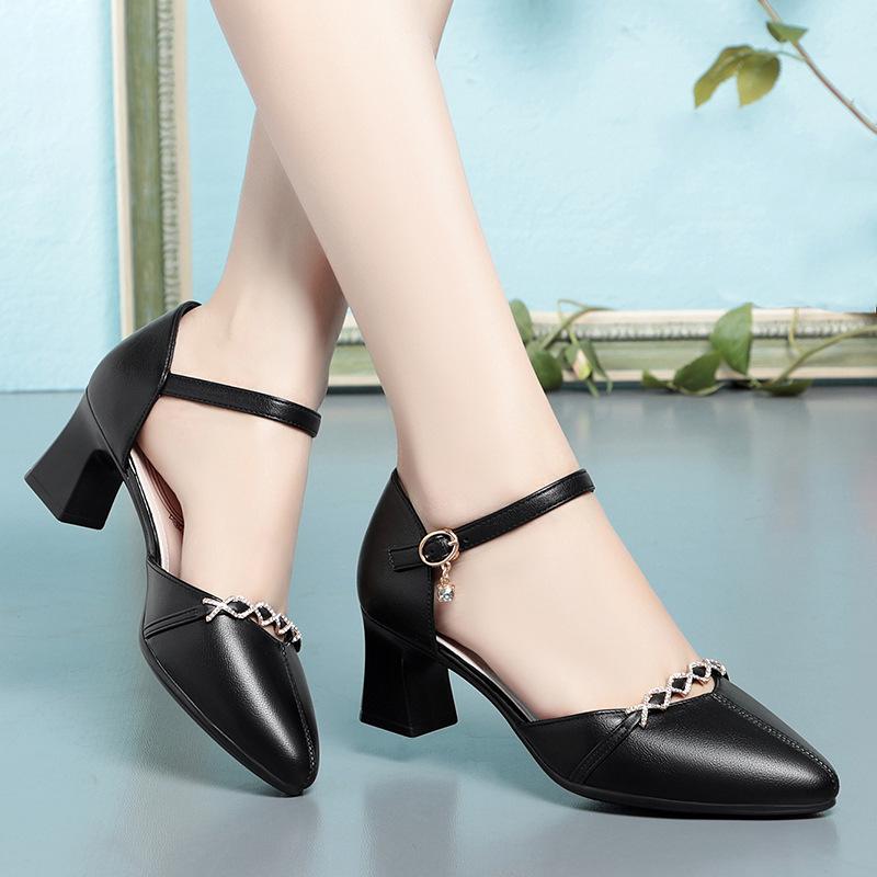 fashion Summer Fashion Elegant Beautiful Office Thick Heel Shoes For Women Cute Sweet Black Soft Sole Pumps Rhinestone Sandals Grace